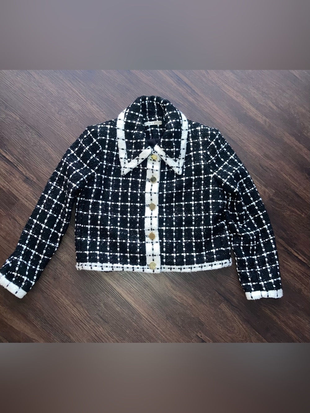 Alice + Olivia black  and White Tweed Button-Front Jacket size s